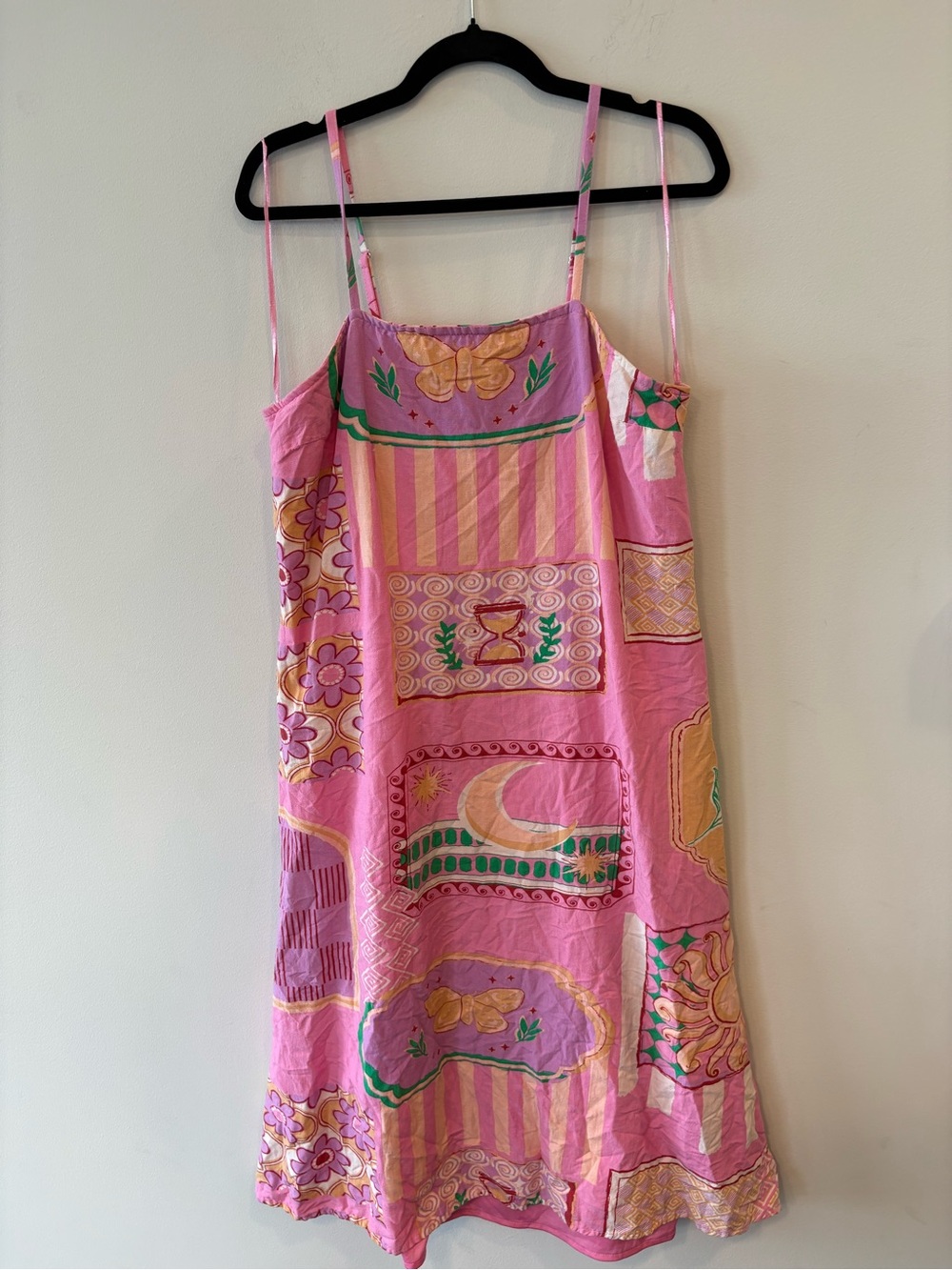 JAPNA Linen Butterfly Pink Patchwork Print Midi Dress XL